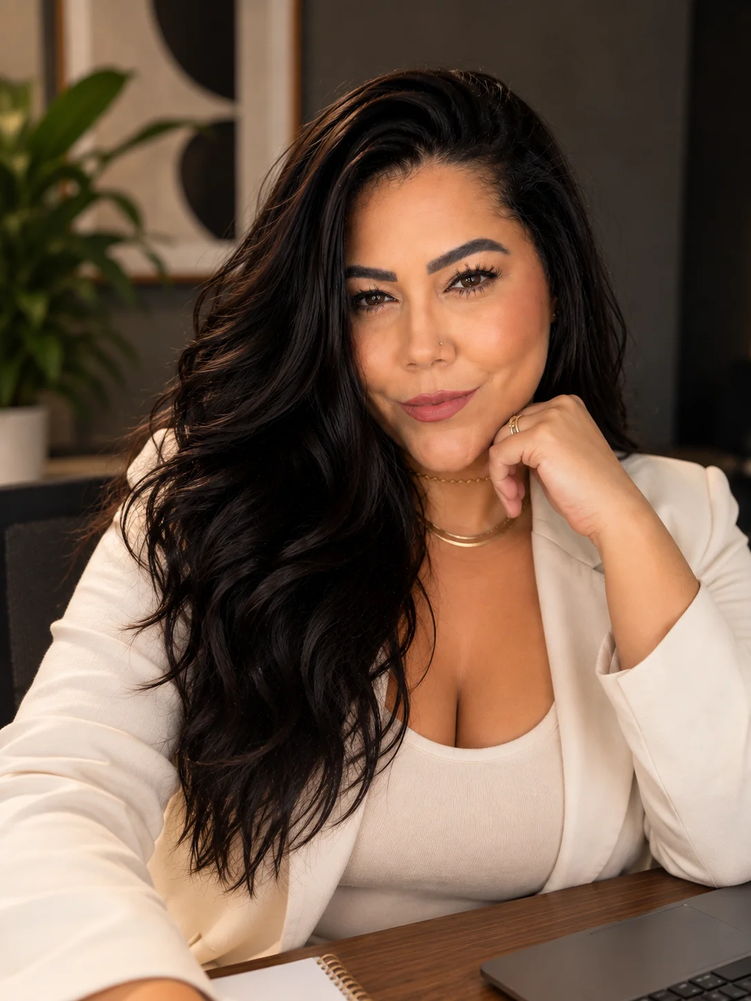 Aryana Lobo sentada à mesa de trabalho